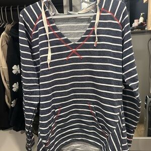 Columbia Navy and White Striped V-Neck Sweater